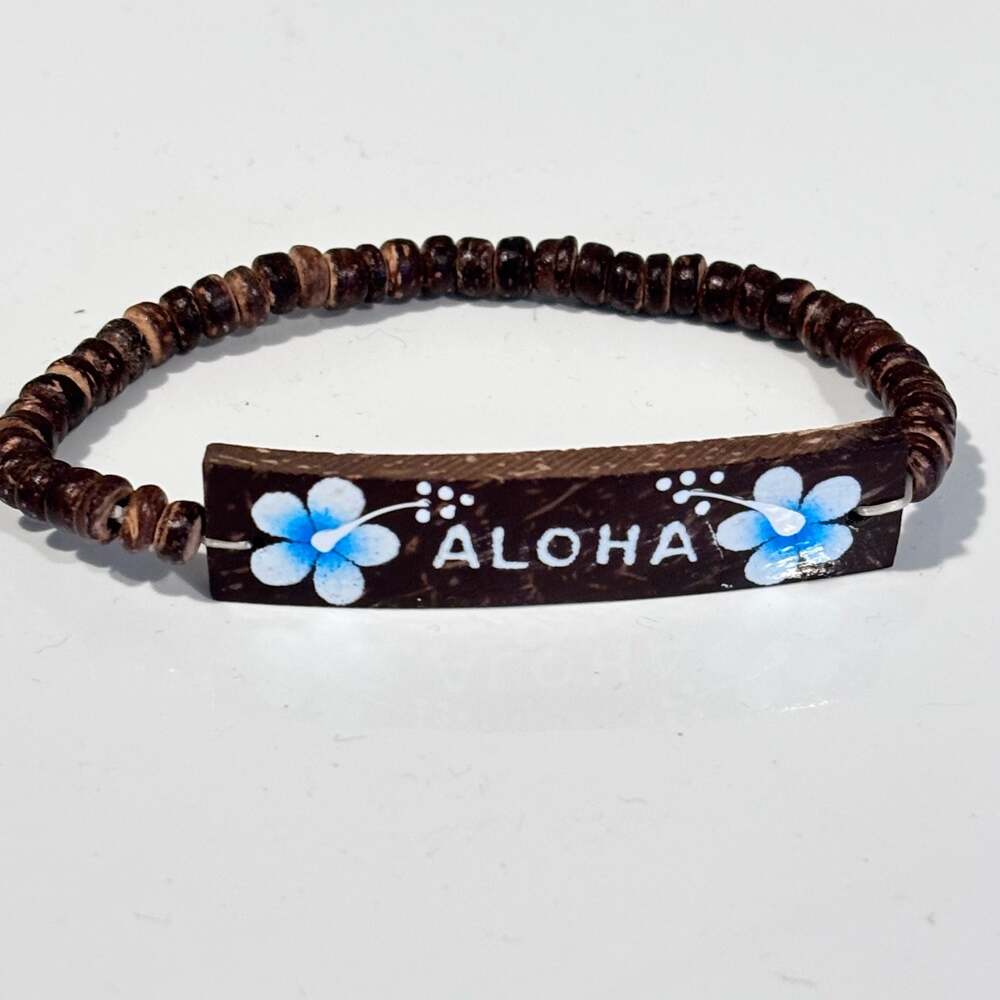 Hawaiian Jewelry Light Blue Flowers Coconut Shell Aloha Elastic Bracelet